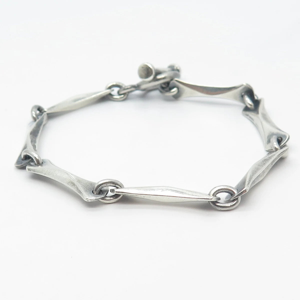 925 Sterling Silver Vintage Toggle Clasp Bamboo Link Bracelet 7.25"