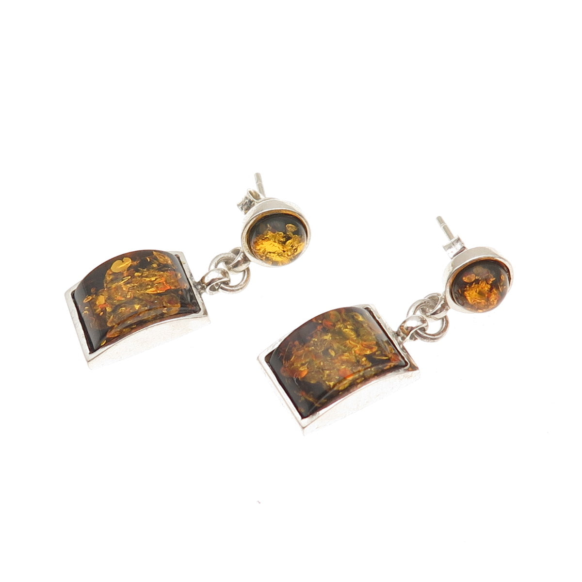 925 Sterling Silver Vintage Real Amber Modernist Dangle Earrings