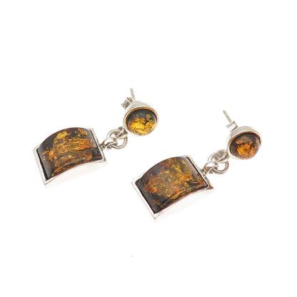 925 Sterling Silver Vintage Real Amber Modernist Dangle Earrings