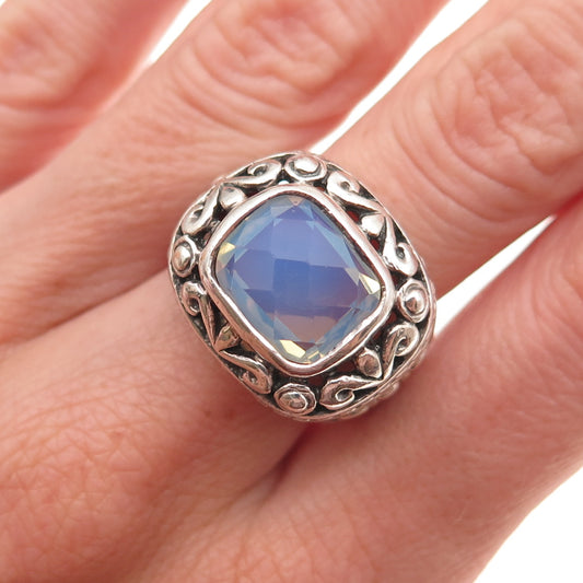 925 Sterling Silver Vintage Real Opalite Floral Oxidized Ring Size 7