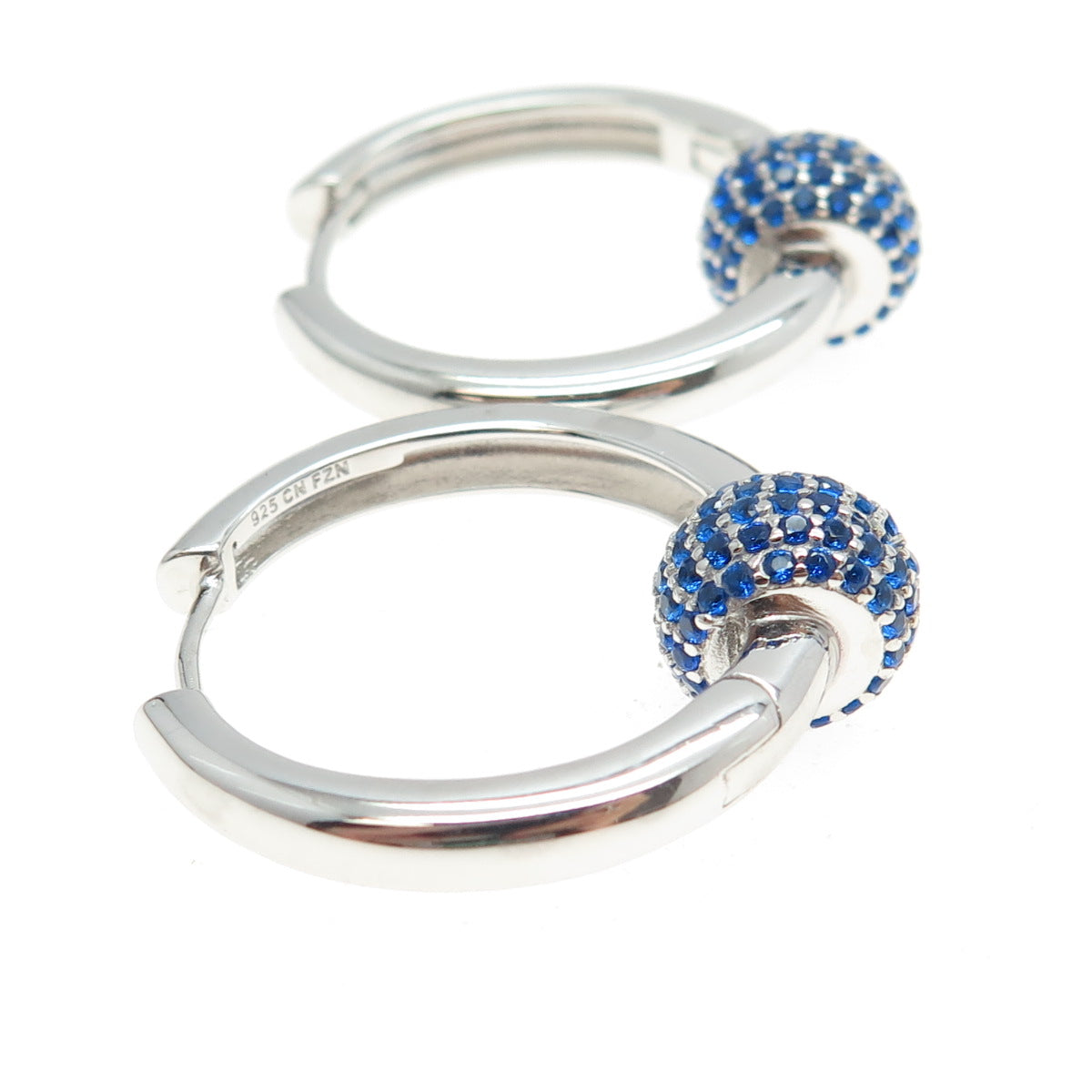 925 Sterling Silver Round-Cut Blue C Z Charm Hoop Earrings