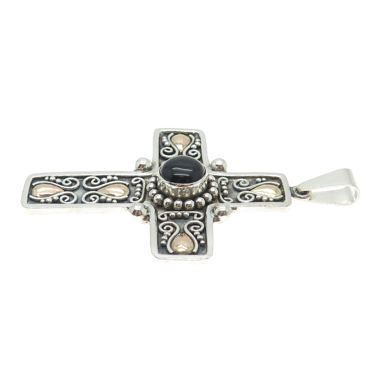 SUARTI BALI 18K Gold & Sterling Silver Vintage Black Onyx Floral Cross Pendant