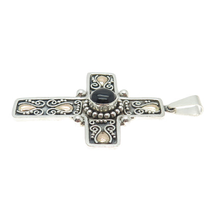 SUARTI BALI 18K Gold & Sterling Silver Vintage Black Onyx Floral Cross Pendant