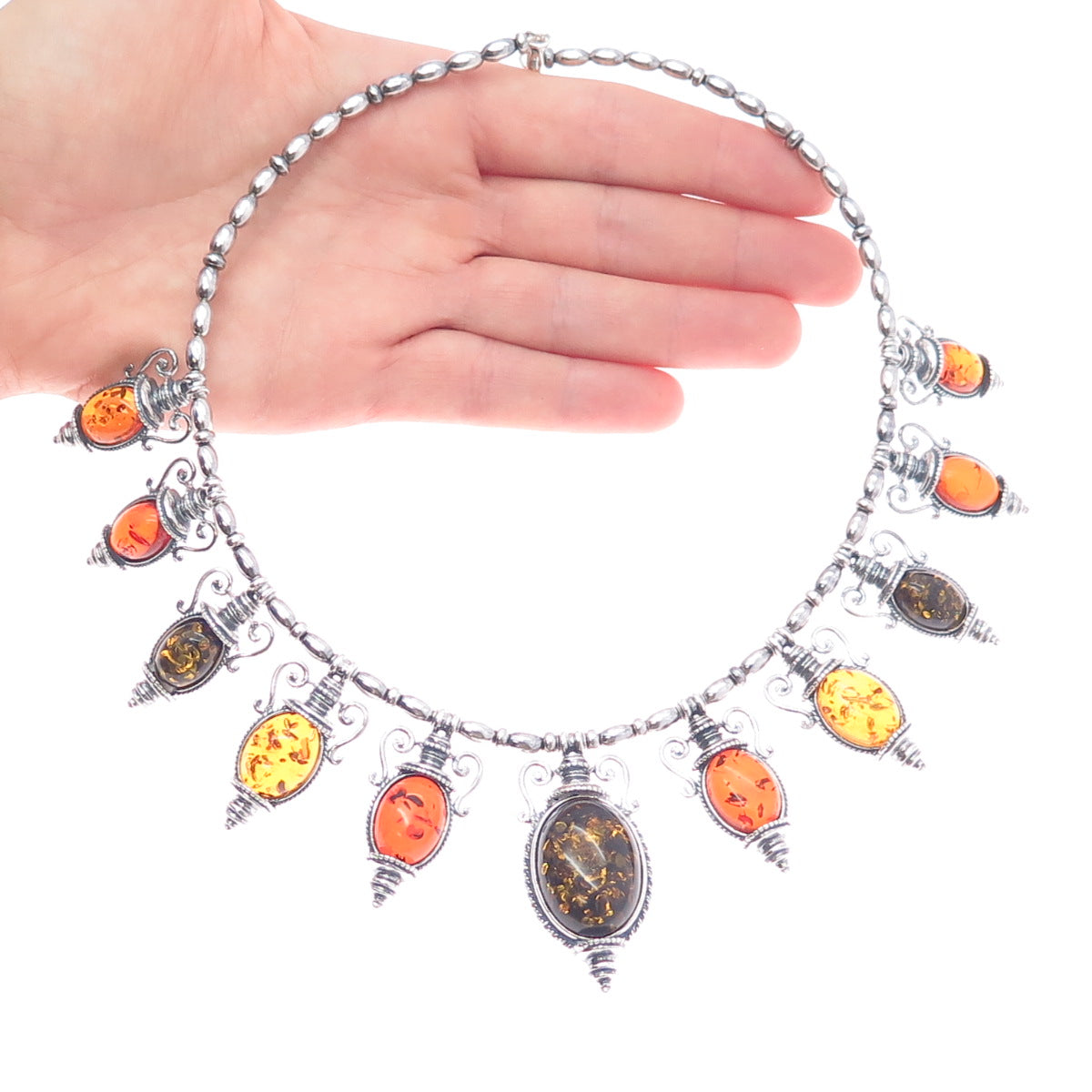 VALERIO V-8 Sterling Silver Vintage Poland Amber Modernist Chain Necklace 16"