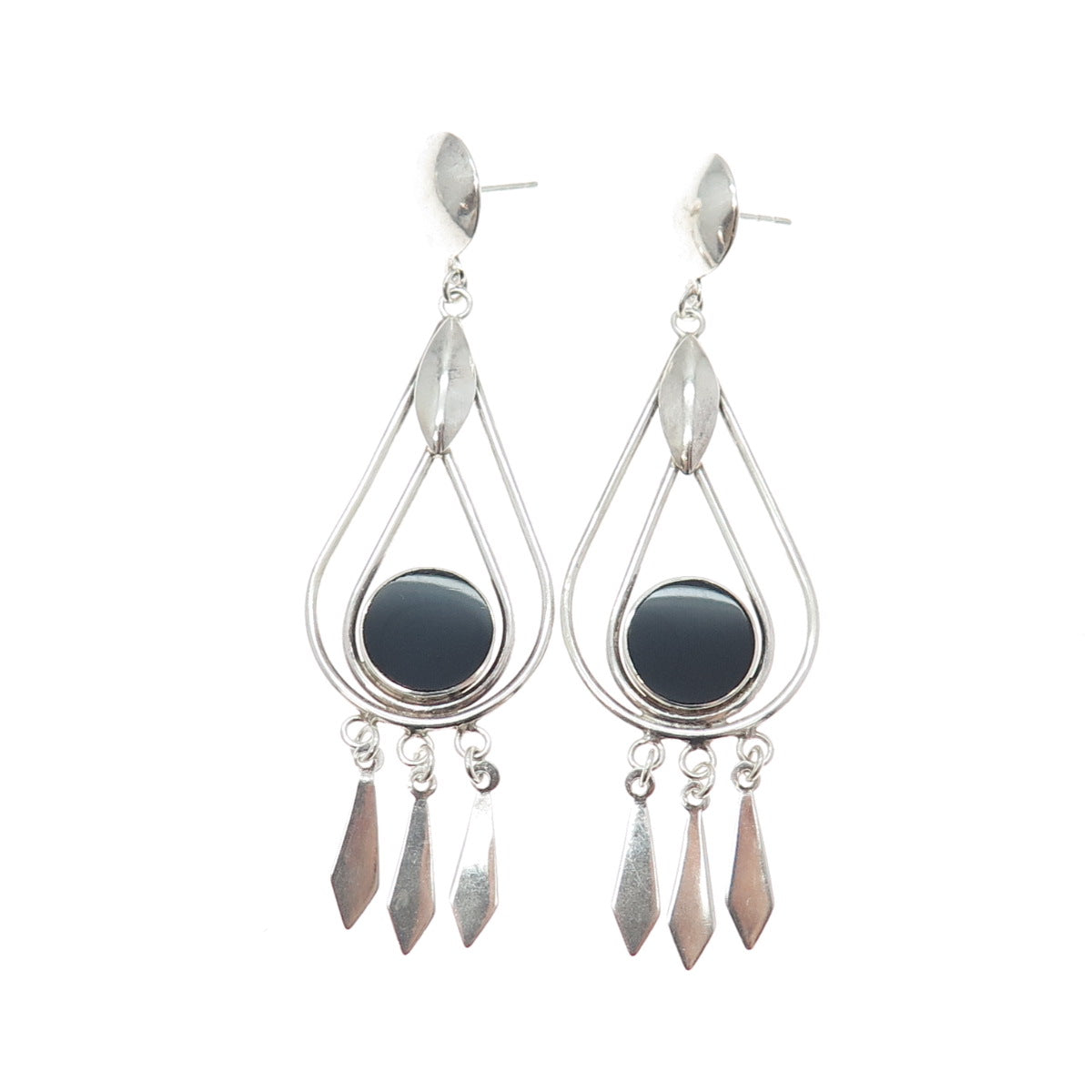 CHARLES WINSTON 925 Sterling Silver Vintage Black Onyx Modernist Dangle Earrings
