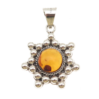 925 Sterling Silver Vintage Mexico Real Amber Modernist Beaded Pendant