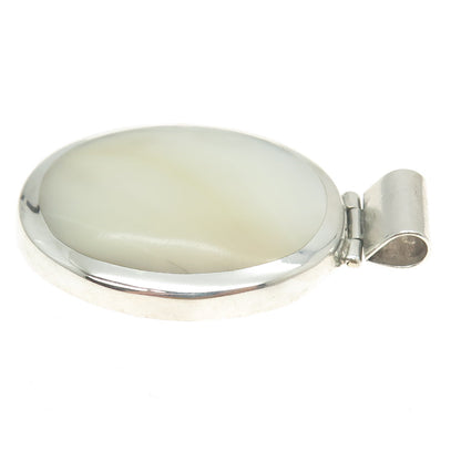 925 Sterling Silver Vintage ATI Mexico Real Mother-of-Pearl Large Oval Pendant