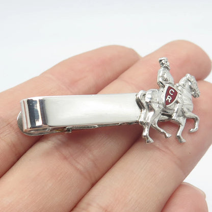 925 Sterling Silver Vintage Enamel Roman Warrior on Horse Bar Tie Clip
