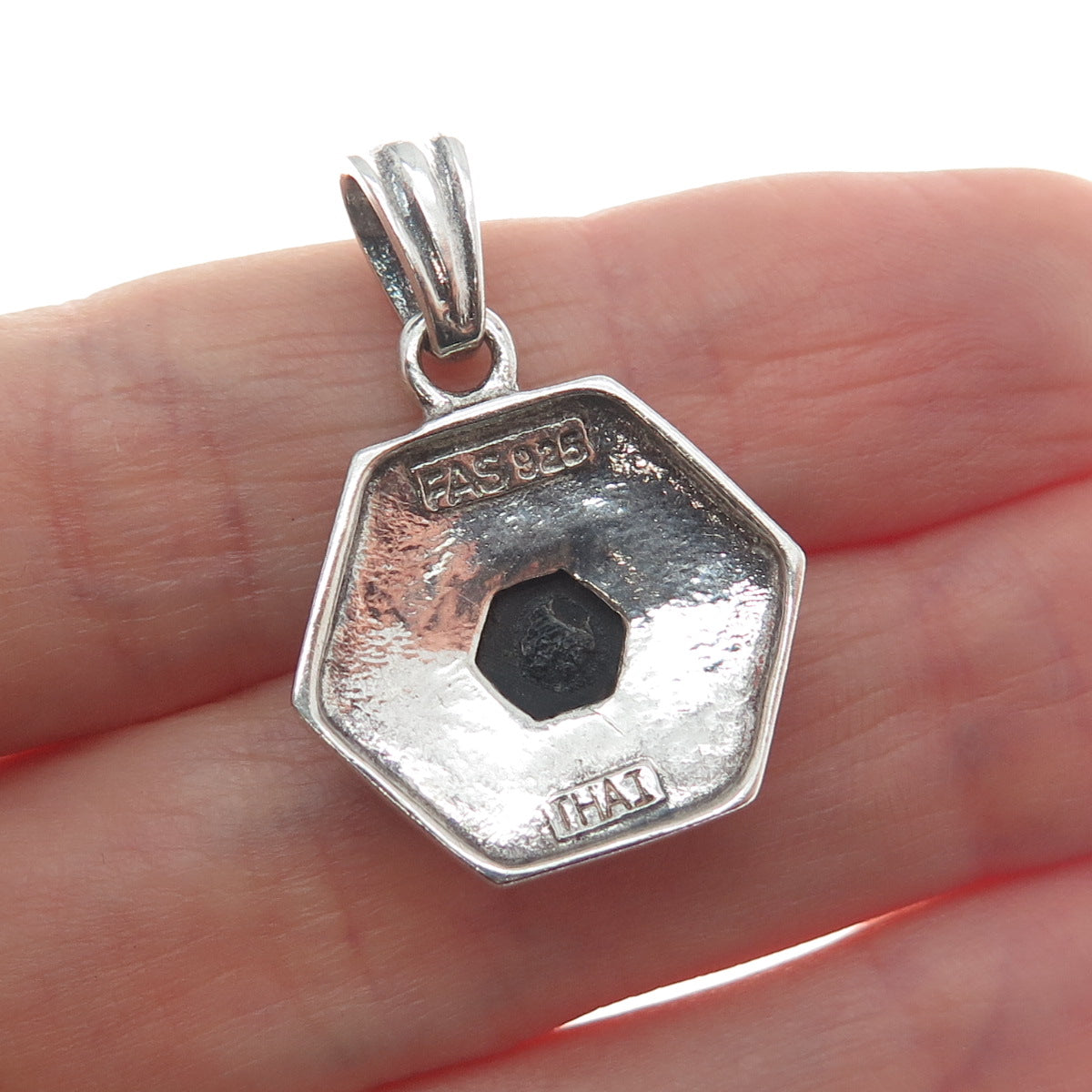 925 Sterling Silver Vintage Real Black Onyx Flower Hexagon Mini Charm Pendant