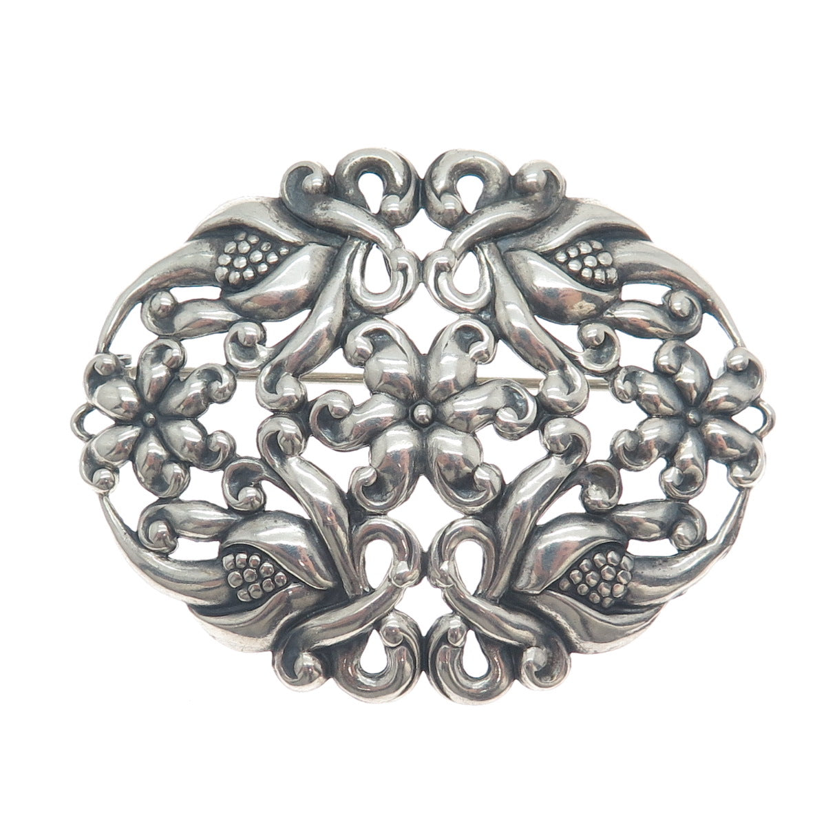 CFO DANECRAFT 925 Sterling Silver Antique Art Deco Flower Oxidized Pin Brooch