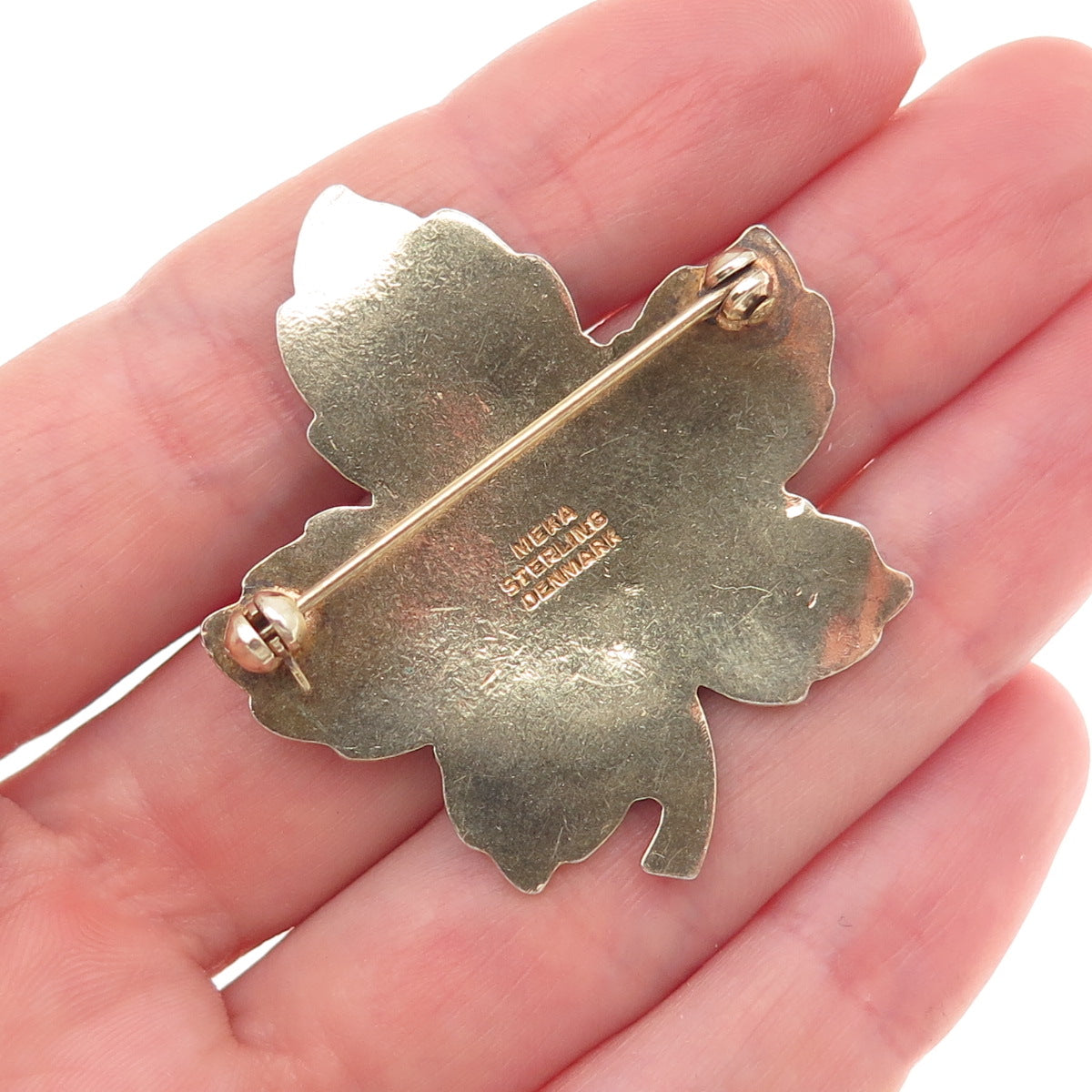Meka 925 Sterling Silver Gold Plated Vintage Denmark Enamel Floral Pin Brooch