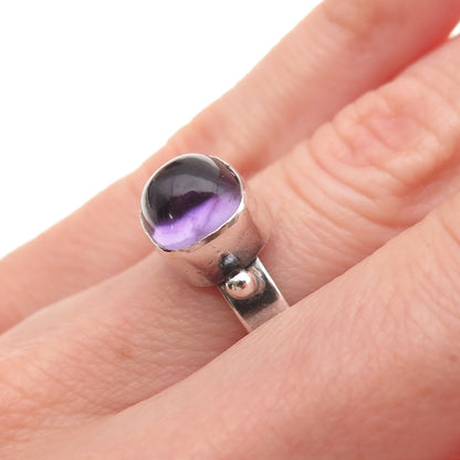925 Sterling Silver Vintage Real Amethyst Modernist Oxidized Ring Size 5