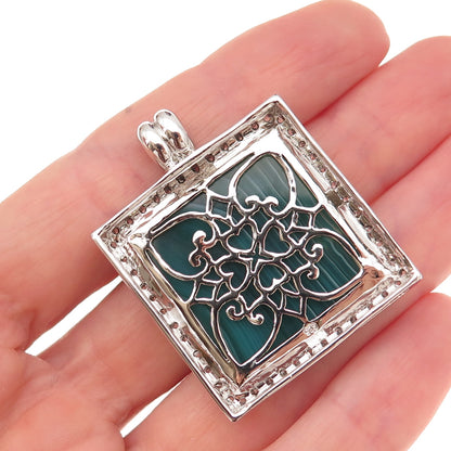 925 Sterling Silver Real Square-Cut Green Agate & Round-Cut C Z Pendant