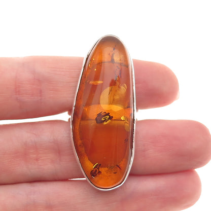 925 Sterling Silver Vintage Real Amber Modernist Statement Ring Size 7.25