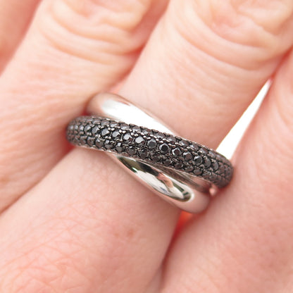 925 Sterling Silver Real Round-Cut Black Spinel Crisscross Ring Size 6.25