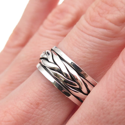925 Sterling Silver Vintage Braided Oxidized Rotating Band Ring Size 7.75