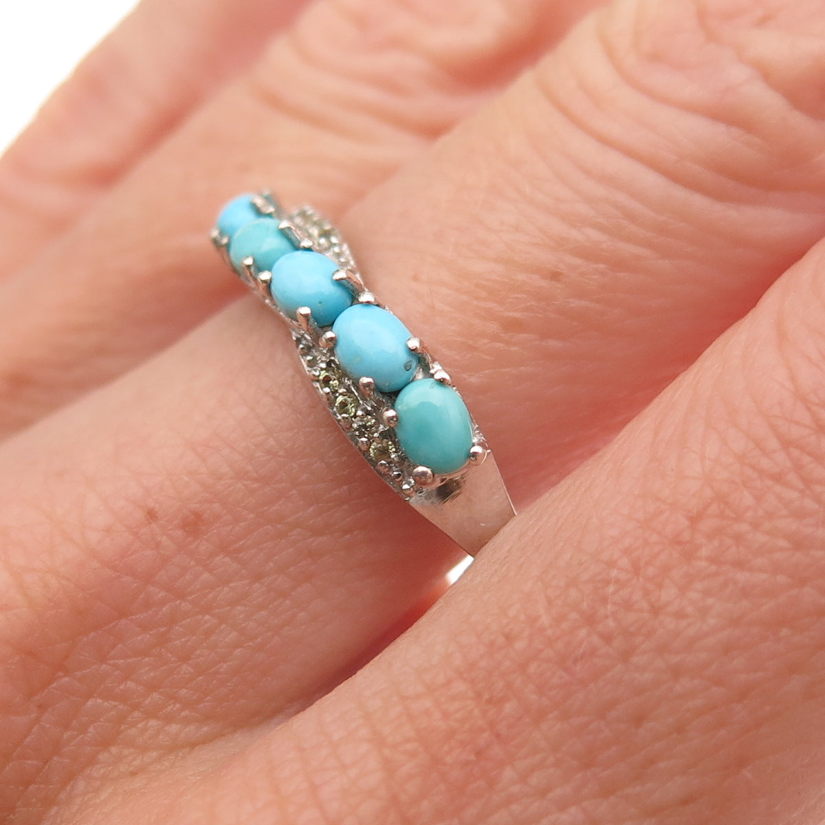 Chuck Clemency 925 Sterling Silver Real Turquoise & Peridot Wavy Ring Size 9