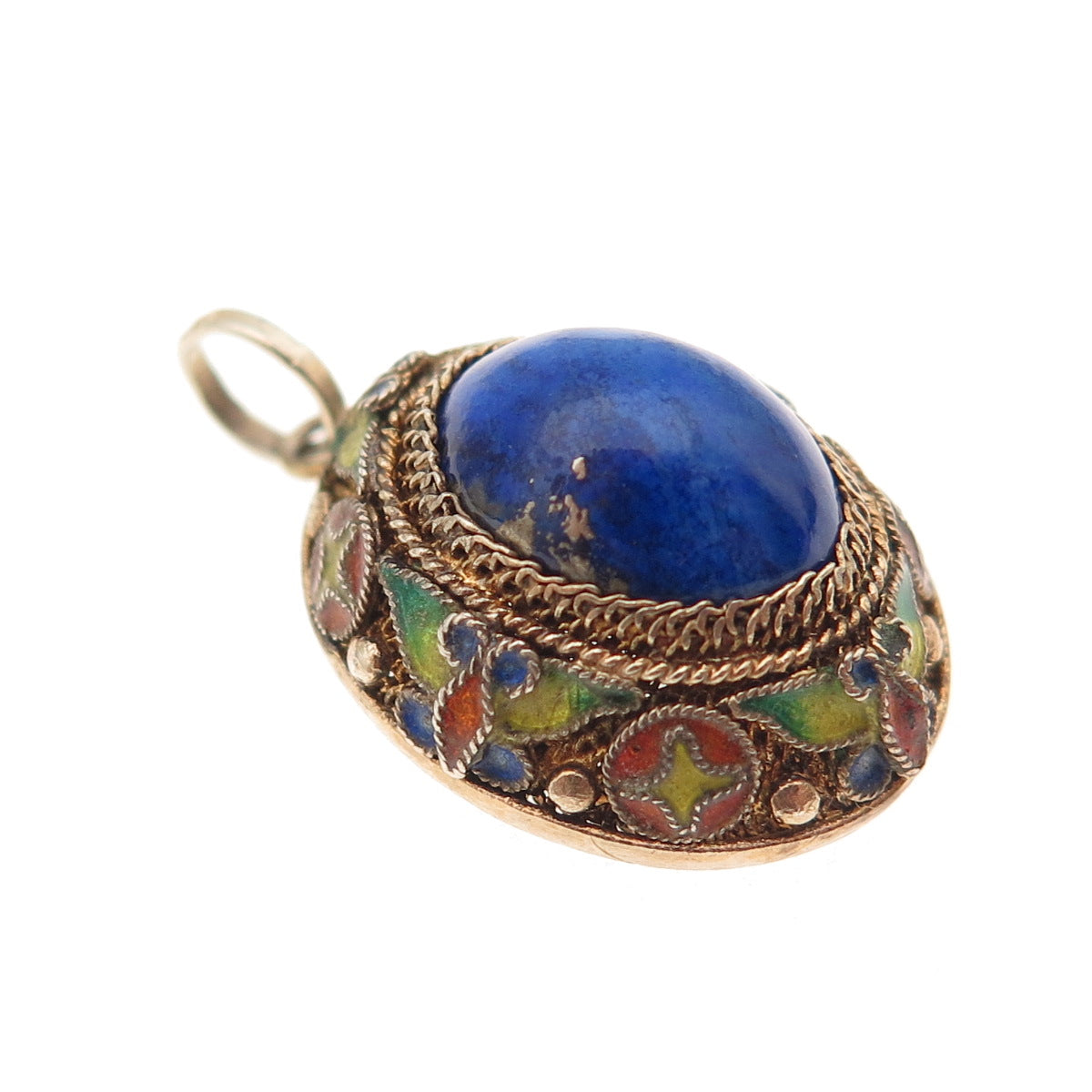 925 Sterling Silver Gold Plated Vintage Enamel Real Lapis Floral Charm Pendant