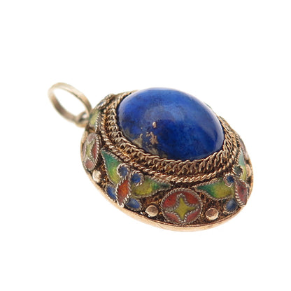 925 Sterling Silver Gold Plated Vintage Enamel Real Lapis Floral Charm Pendant