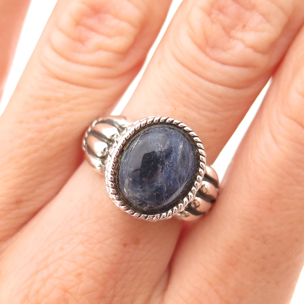 925 Sterling Silver Vintage Real Sodalite Beaded Oxidized Ring Size 7