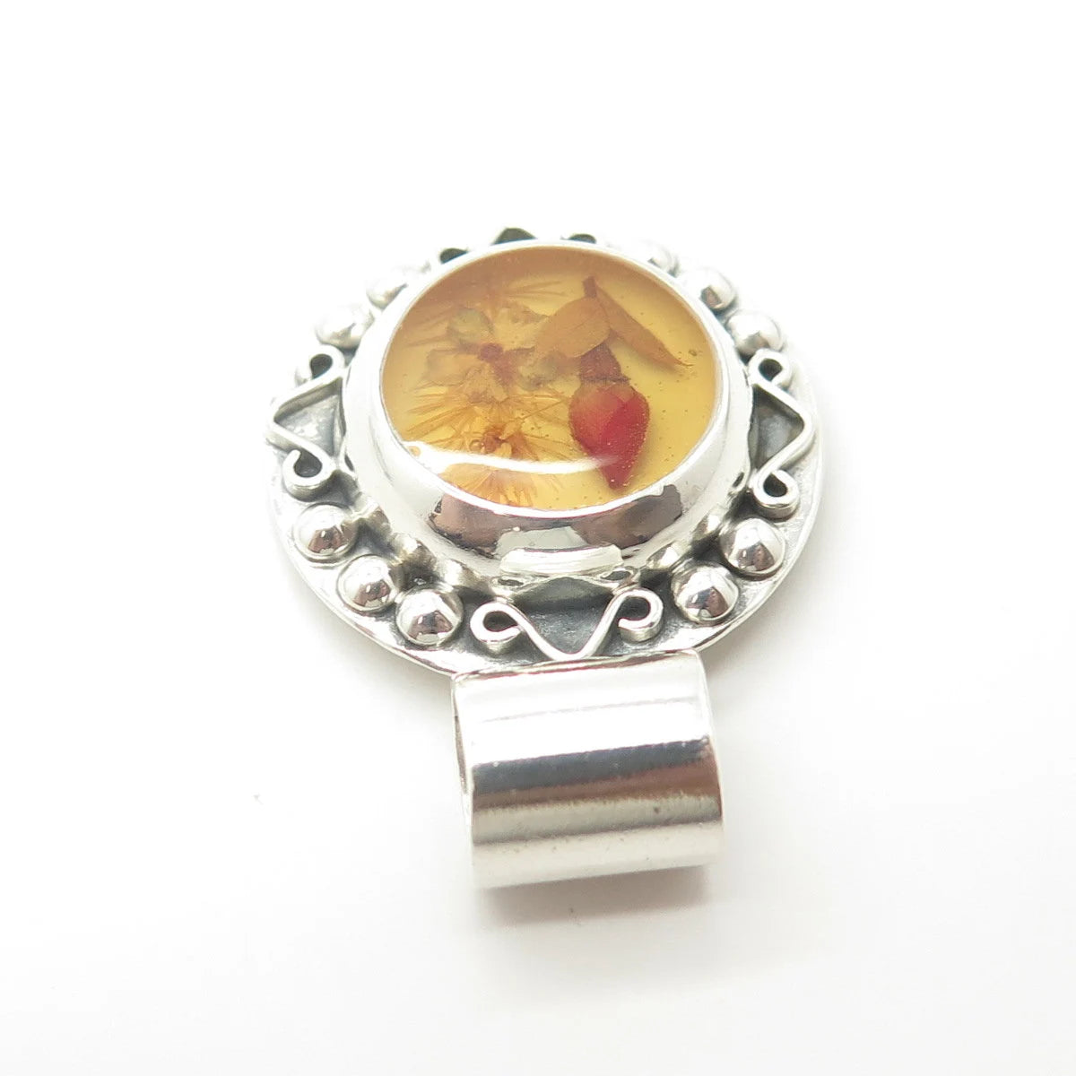 925 Sterling Silver Vintage Mexico Enamel Pressed Flower Round Pendant