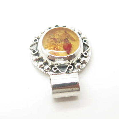 925 Sterling Silver Vintage Mexico Enamel Pressed Flower Round Pendant