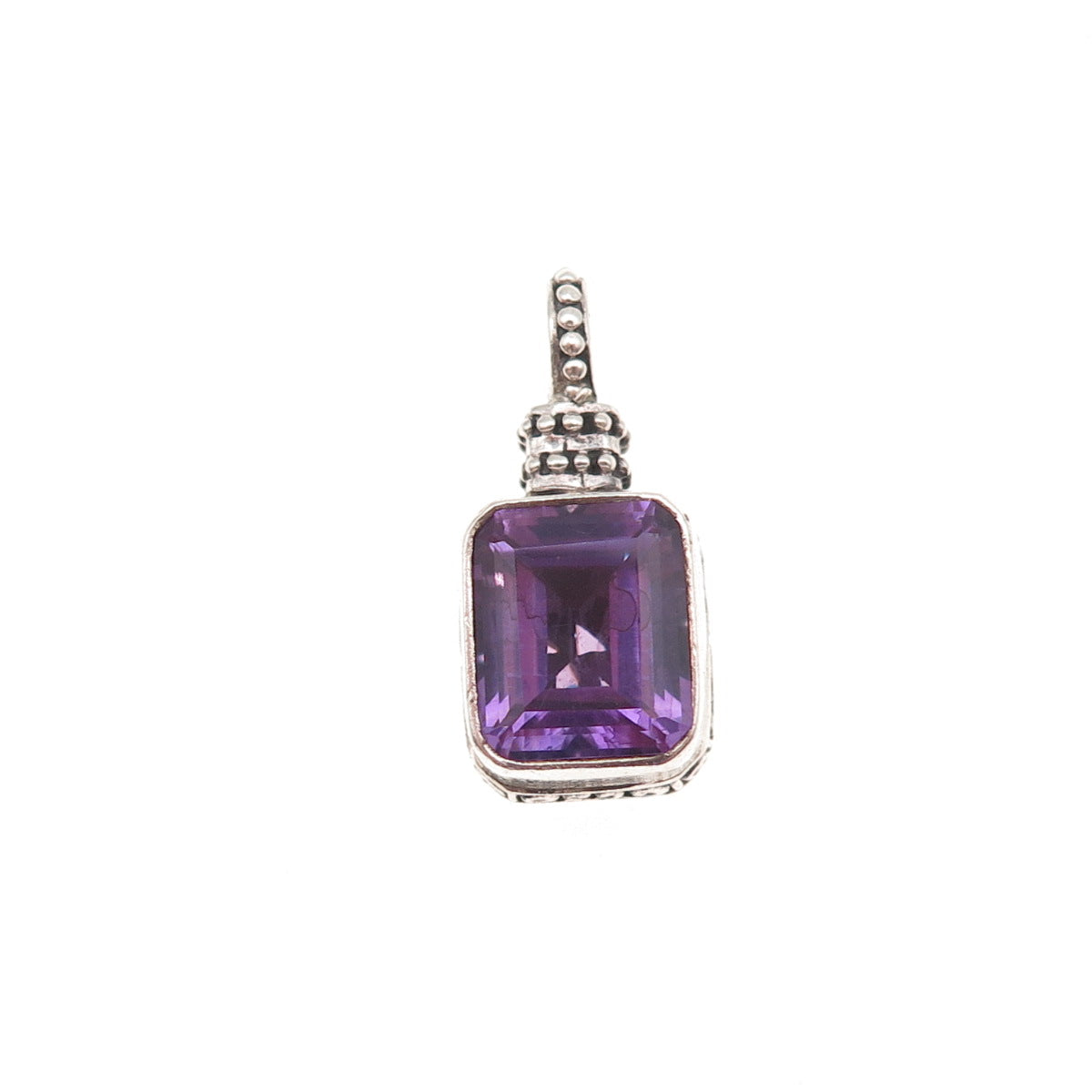 925 Sterling Silver Vintage Real Emerald-Cut Amethyst Beaded Charm Pendant