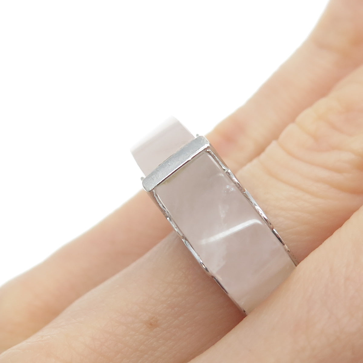 925 Sterling Silver Vintage Real Rose Quartz Modernist Ring Size 6.25