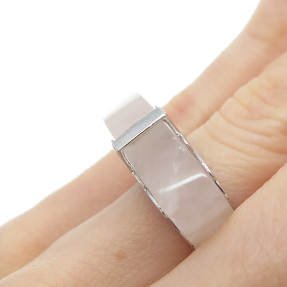 925 Sterling Silver Vintage Real Rose Quartz Modernist Ring Size 6.25