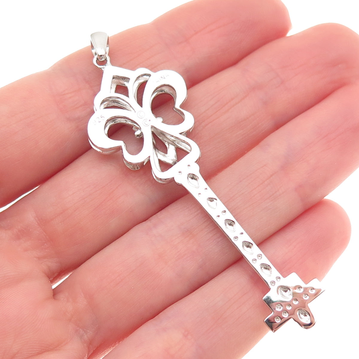 925 Sterling Silver Real Round-Cut Diamond Fleur de Lis Key Pendant