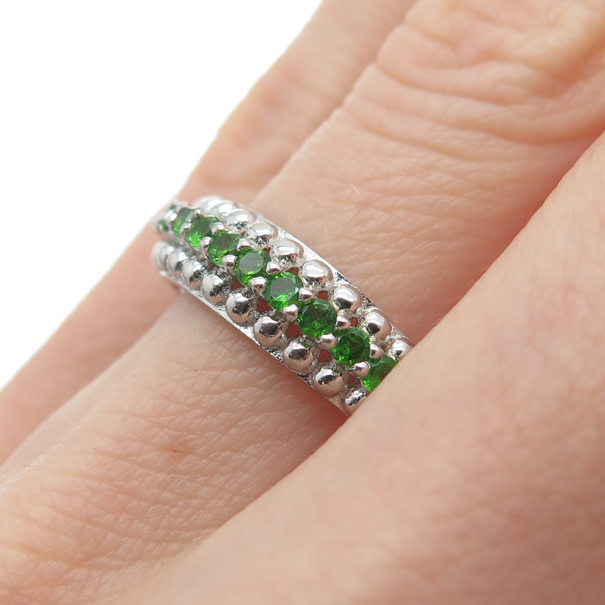 925 Sterling Silver Real Round-Cut Peridot Beaded Ring Size 7.5