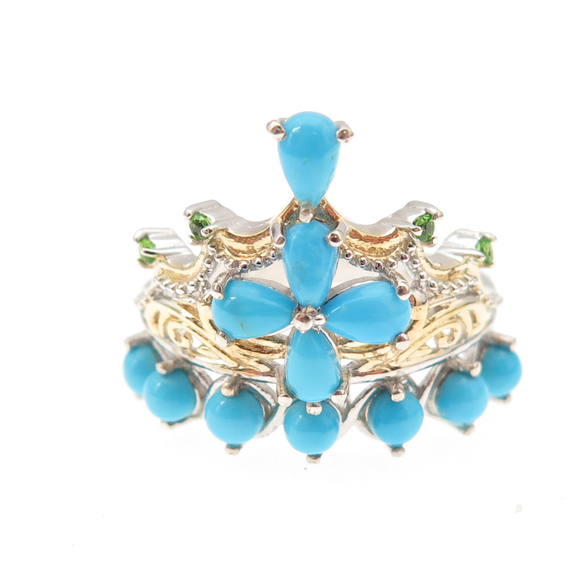 Chuck Clemency 925 Sterling 2-Tone Real Turquoise & Peridot Tiara Ring Size 8