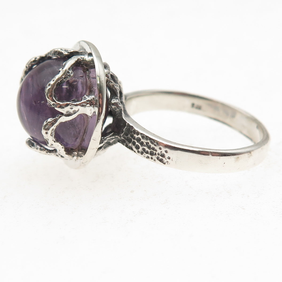 925 Sterling Silver Vintage Real Amethyst Modernist Oxidized Ring Size 9