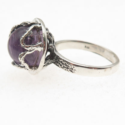 925 Sterling Silver Vintage Real Amethyst Modernist Oxidized Ring Size 9