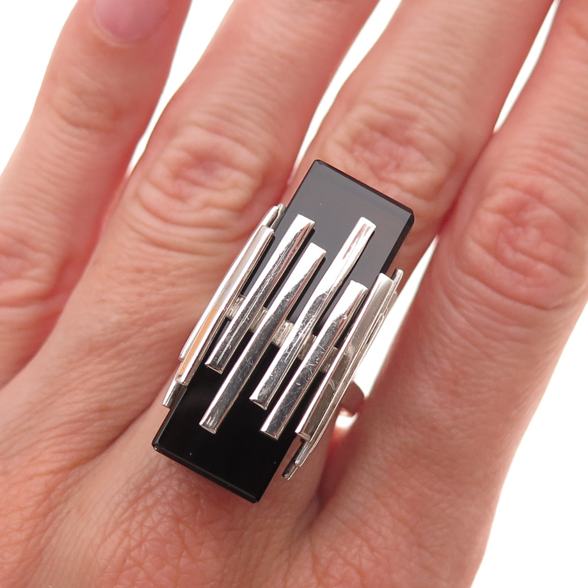 925 Sterling Silver Vintage Real Smoky Quartz Modernist Statement Ring Size 7