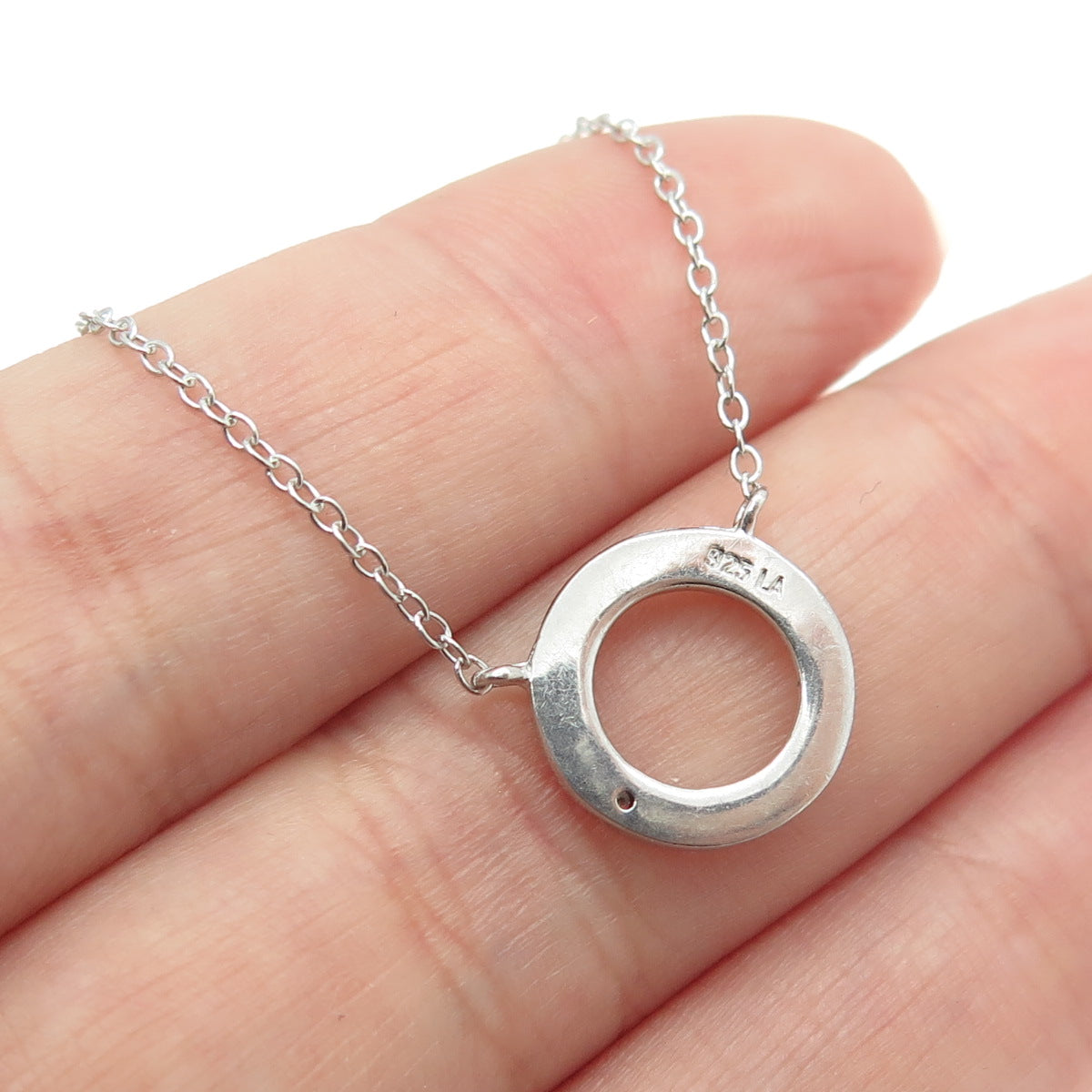 925 Sterling Silver Real Round-Cut Diamond Accent Circle Chain Necklace 16-18"