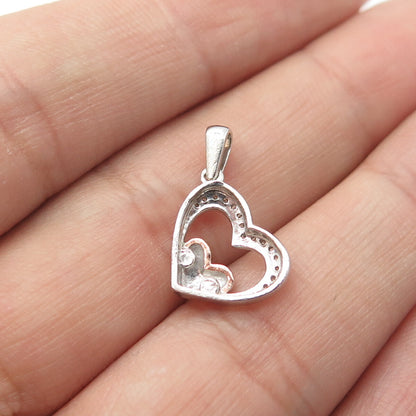 10K Gold & 925 Sterling Silver Real White Diamond Heart Charm Pendant