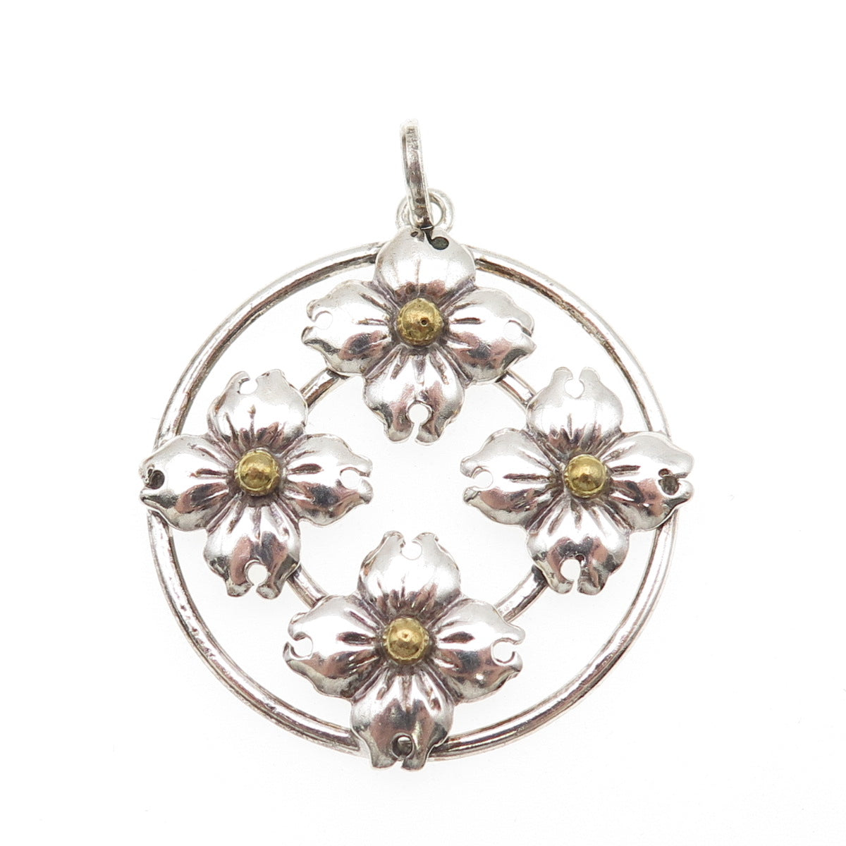 925 Sterling Silver 2-Tone Vintage Flower Circle of Life Charm Pendant