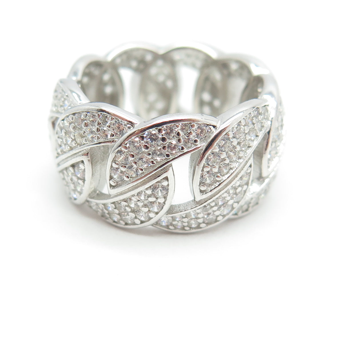 925 Sterling Silver Pave C Z Cuban Chain Band Ring Size 6.75