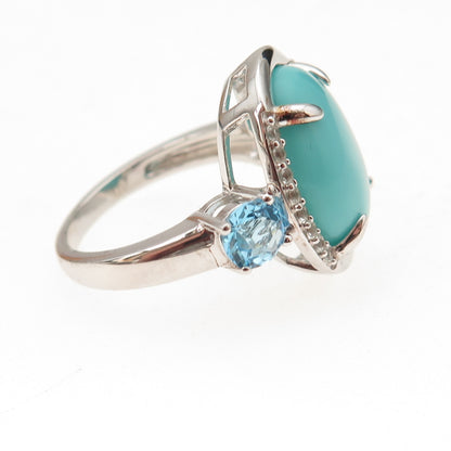925 Sterling Silver Real Turquoise Blue & White Topaz Ring Size 8