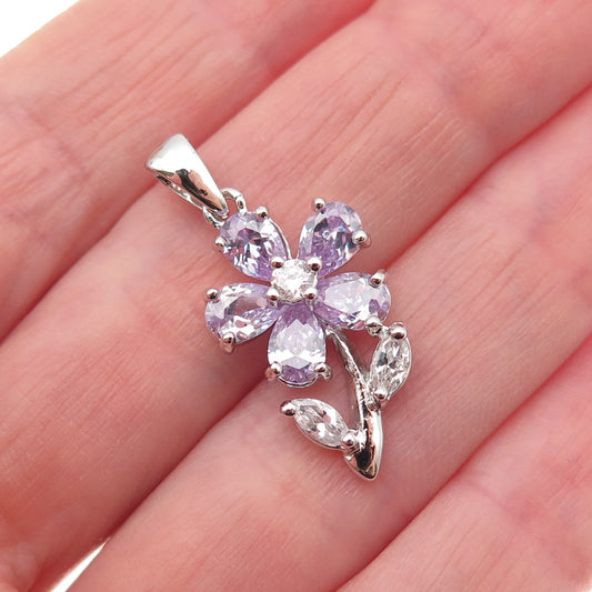 925 Sterling Silver Lavender & White C Z Flower Charm Pendant