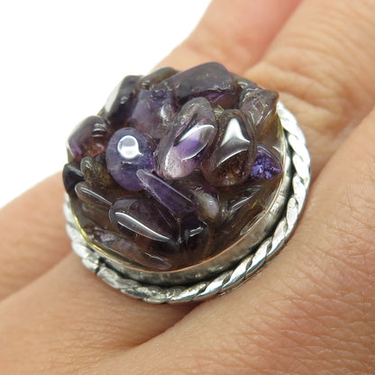 925 Sterling Silver Vintage Real Amethyst Gemstone Modernist Ring Size 7.25