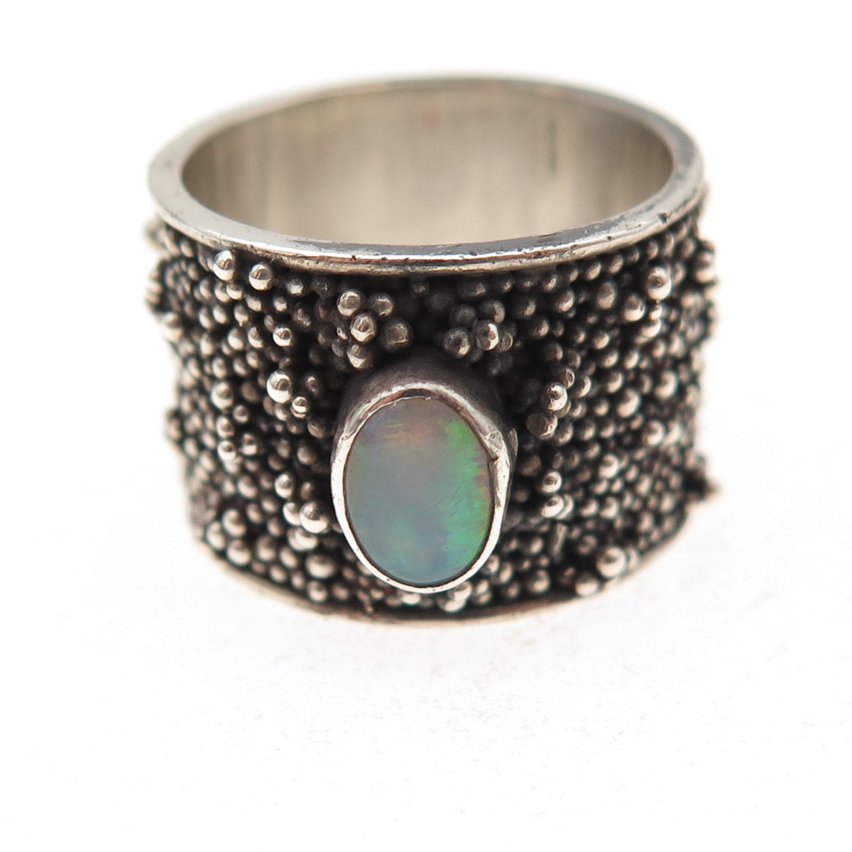 925 Sterling Silver Vintage Real Opal Granulated Oxidized Ring Size 6.5