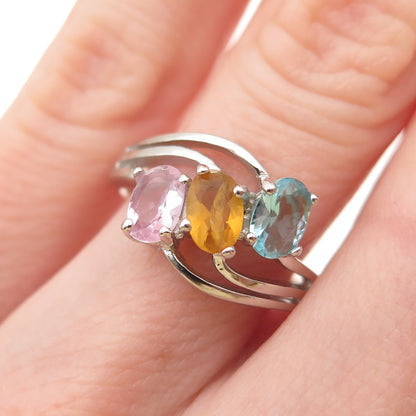925 Sterling Silver Vintage Real Blue Topaz Pink Amethyst & Citrine Ring Size 6
