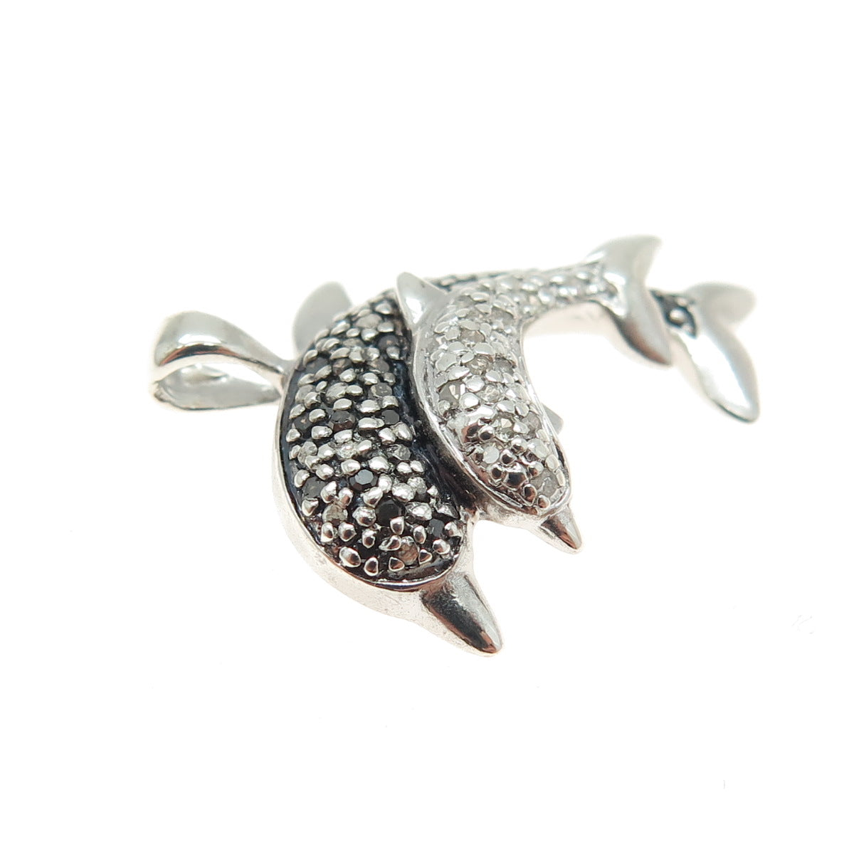 925 Sterling Silver Real Round-Cut Black & White Diamond Dolphin Pendant