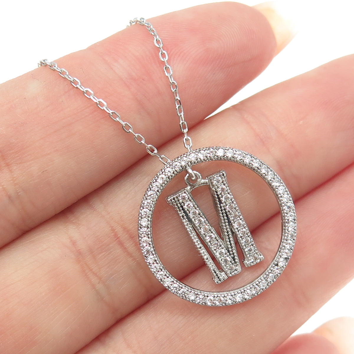 925 Sterling Silver Round-Cut C Z Letter "M" Initial Cable Chain Necklace 16-18"