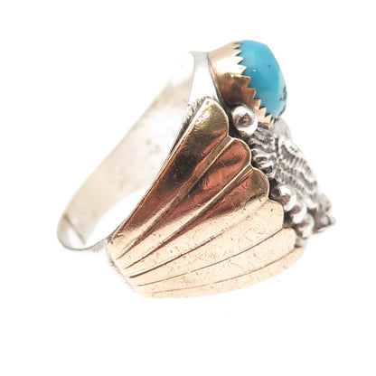Old Pawn Sterling Silver 2-Tone Vintage Turquoise Eagle Tribal Ring Size 9.25