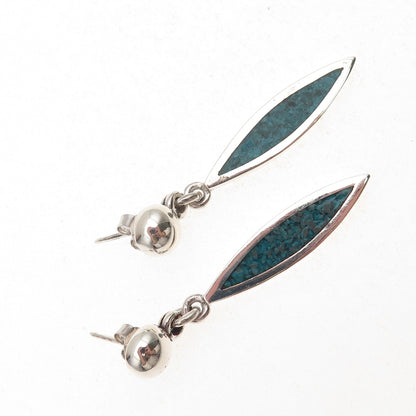 925 Sterling Silver Vintage Mexico Real Turquoise Inlay Dangle Earrings