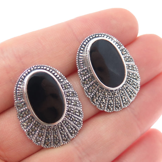 925 Sterling Silver Vintage Real Black Onyx & Marcasite Oxidized Earrings