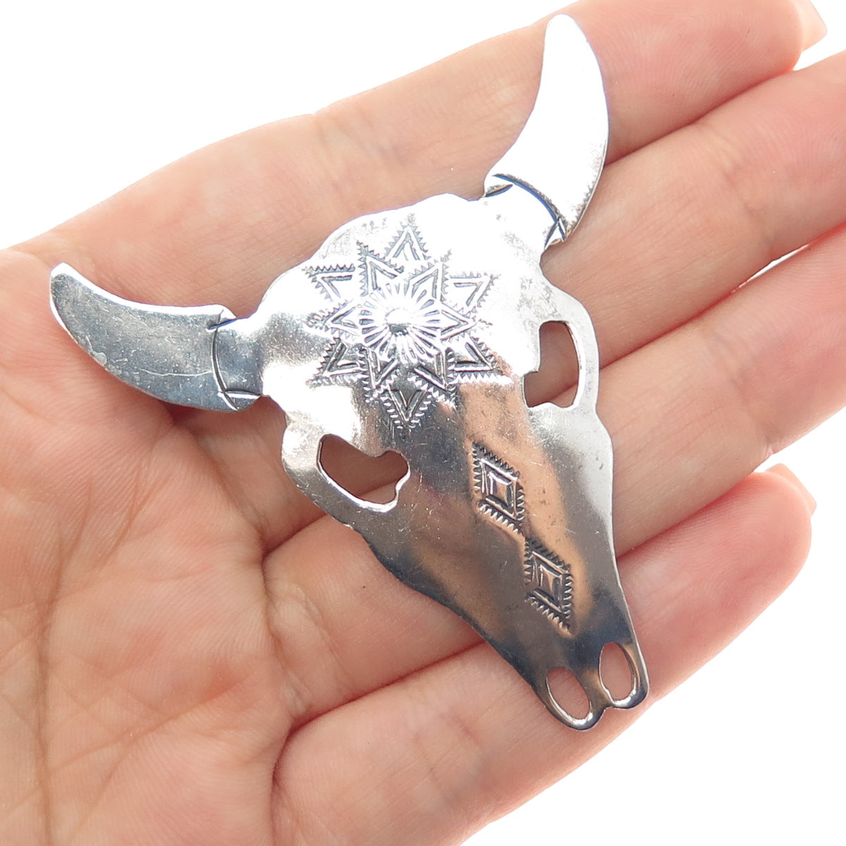 JASON LIVINGSTON NAVAJO Old Pawn Sterling Silver Bull Skull Tribal Pin Brooch